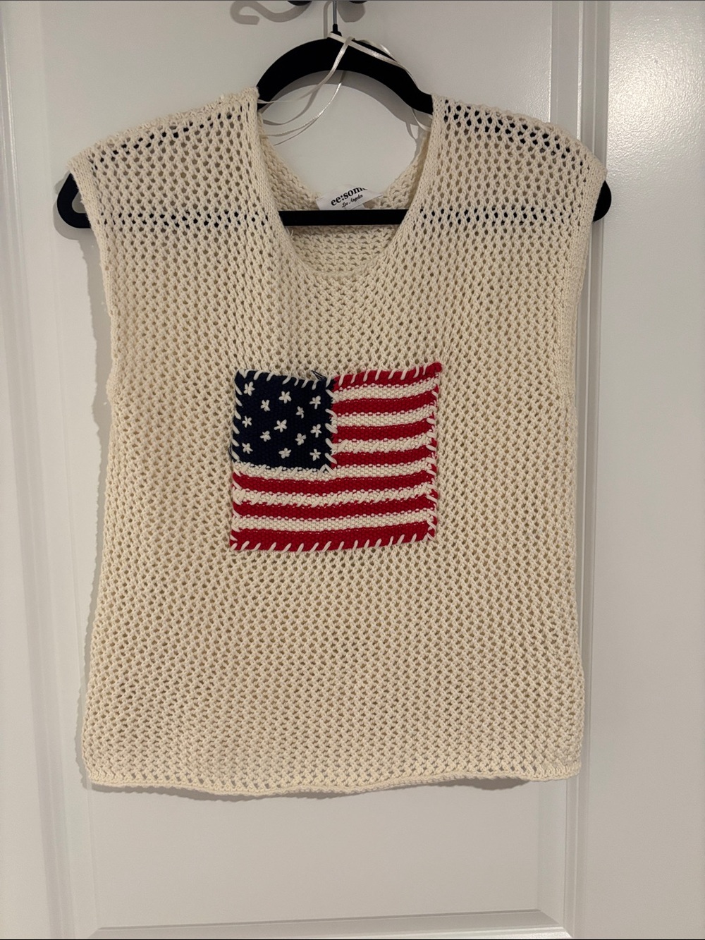 eesome Cream Knit Sleeveless Top with Red, White & Blue Flag
